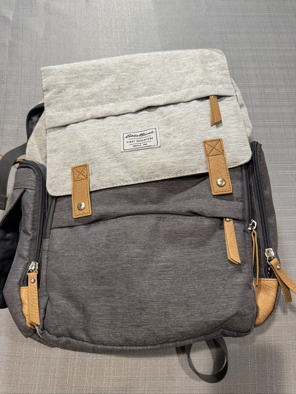 Eddie Bauer First Adventure Diaper Backpack – Gray – Insulated Bottle Pockets